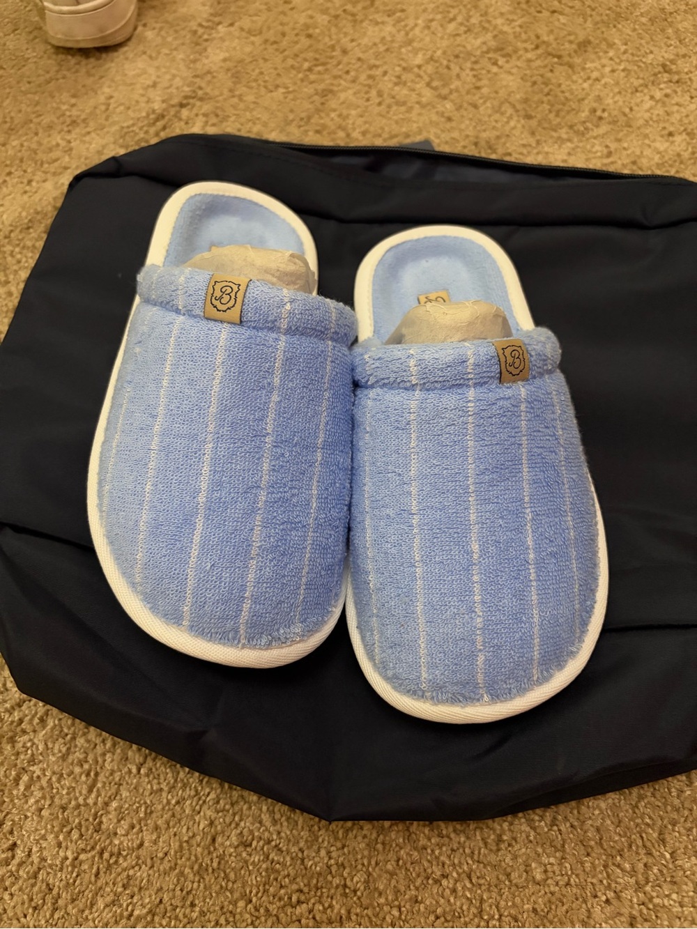 Plush Light Blue Stripe Women's Slip-On Slippers